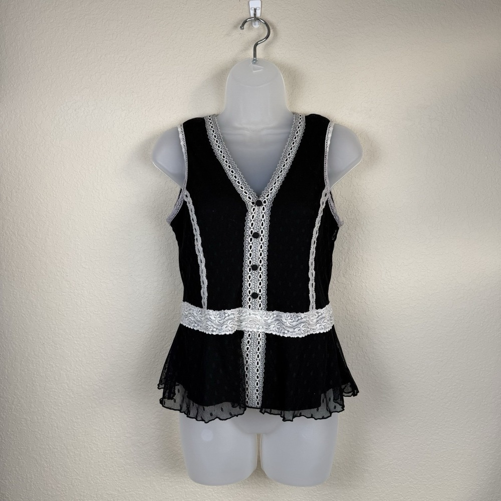 Vtg Y2K Worthington Black‎ Lace Overlay Peplum Babydoll Tank Dainty Sz L Petite